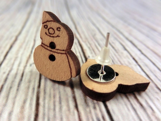 Preview: Schneemann Knopf Ohrstecker Holz Snowman Winter